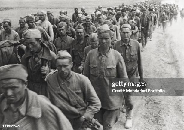 Line of Soviet prisoners leaves Stalingrad, present Volgograd. Stalingrad, September 1942