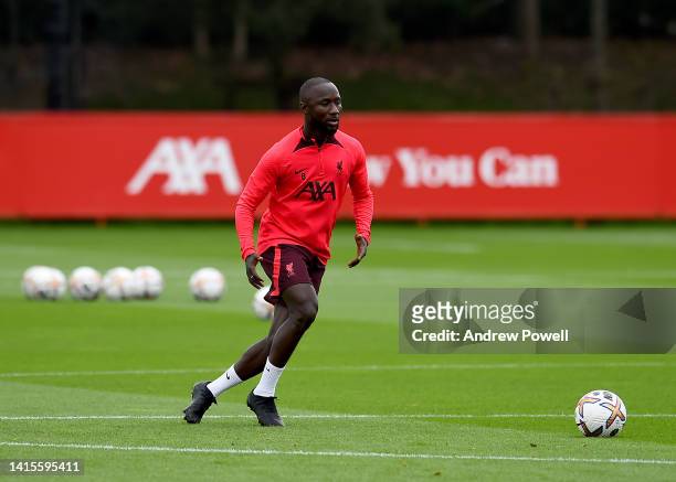 Naby Keita of Liverpool during a training session at AXA Training Centre on August 18, 2022 in Kirkby, England.