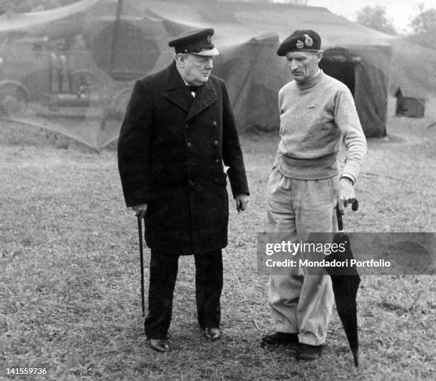 British Prime Minister Winston Churchill meeting with General Bernard Law Montgomery at the British Headquarters. Blay, 21st July 1944