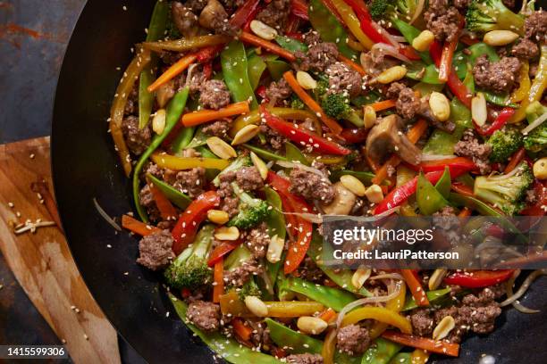 ground beef and vegetable stir fry - bean sprout stock pictures, royalty-free photos & images