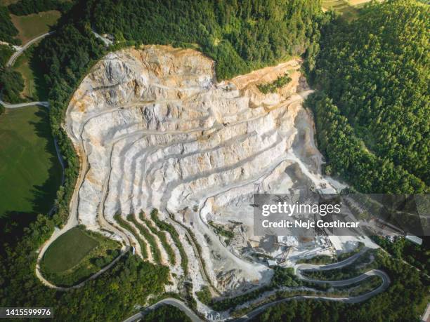 aerial view of a large quarry, industrial buildings and heavy machinery - open pit mine stock pictures, royalty-free photos & images