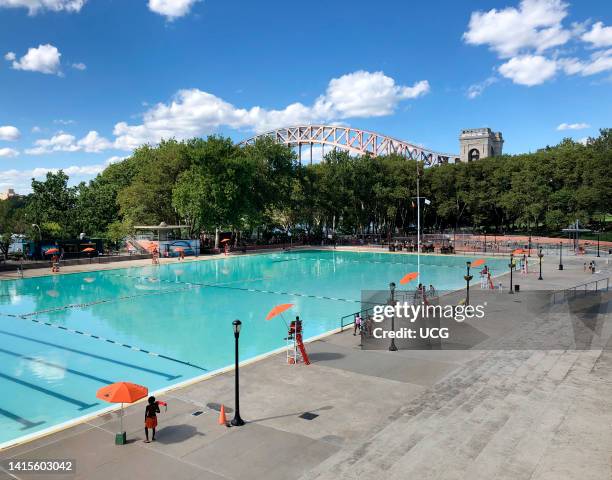 Lifeguards getting ready at Astoria Pool in Astoria Park, Queens, New York.