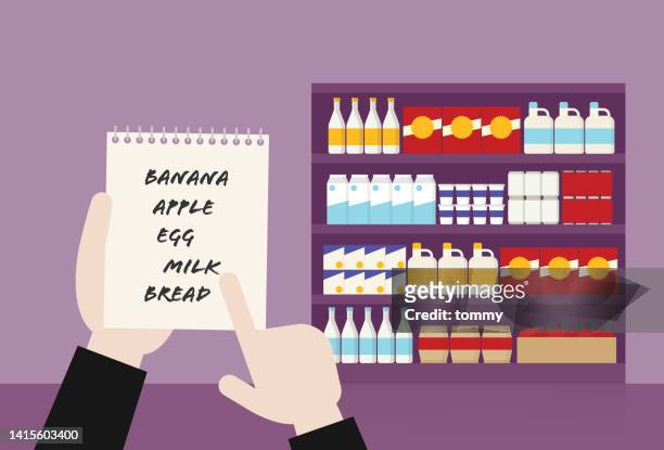 stockillustraties, clipart, cartoons en iconen met a man with a shopping list in a supermarket - boodschappenlijst