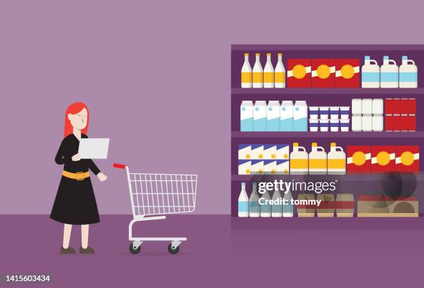 ilustrações de stock, clip art, desenhos animados e ícones de a customer checks a shopping list in a supermarket - supermercado