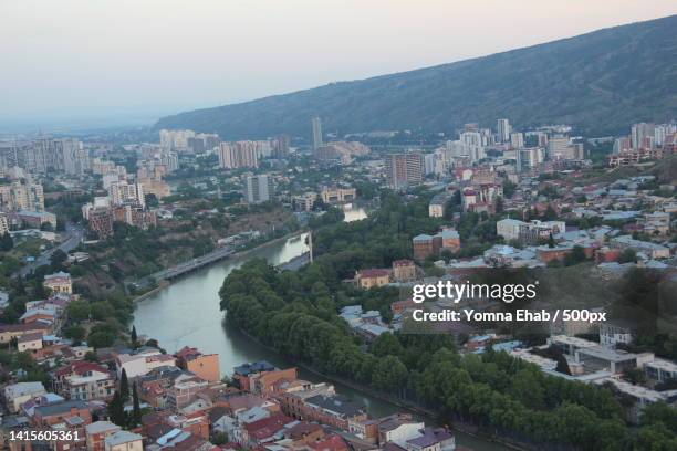 high angle view of townscape against sky,tbilisi,georgia - tbilissi imagens e fotografias de stock