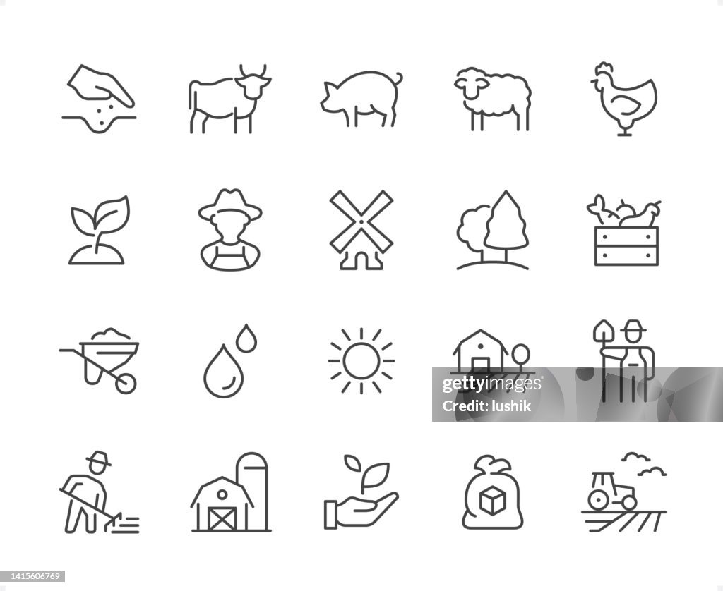 Farming-Symbolsatz. Bearbeitbare Strichstärke. Pixelperfekte Symbole.