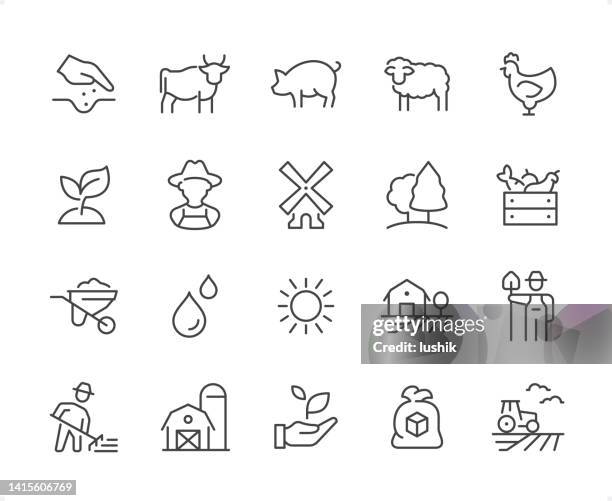 ilustraciones, imágenes clip art, dibujos animados e iconos de stock de conjunto de iconos de agricultura. peso de trazo editable. iconos perfectos para píxeles. - concept does not exist