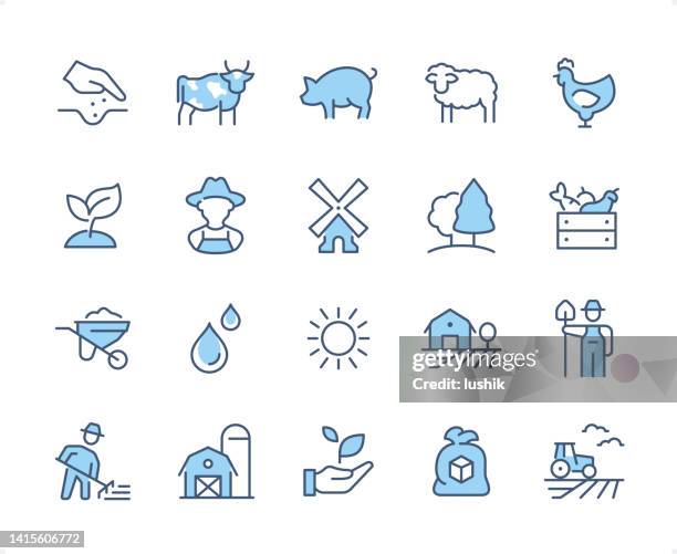 farming icon set. editable stroke weight. pixel perfect dichromatic icons. - poultry processing plant stock illustrations
