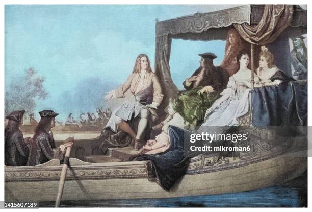 old engraved illustration of king george i enjoying of concert on the river performed by george frideric (or frederick) handel (georg friedrich händel) - george handel stockfoto's en -beelden