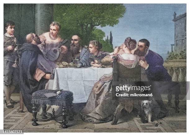 old engraved illustration of a fete at the house of titian (tiziano vecelli or vecellio) - renaissance and schets stockfoto's en -beelden