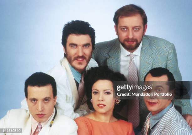 Matia Bazar band members: Carlo Marrale, Mauro Sabbione, Aldo Stellita, Giancarlo Golzi and Antonella Ruggiero. 1983