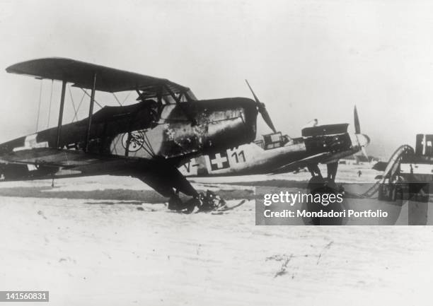 German planes equipped with landing skids landing on the Donets Basin ice rink. February 1943