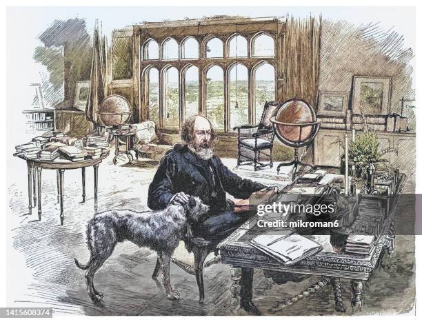 old engraved illustration of alfred tennyson in his library - lord alfred tennyson 個照片及圖片檔