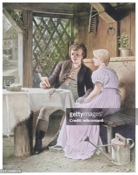 old engraved illustration of johann wolfgang von goethe and friederike elisabeth brion sitting outdoor in garden - johann wolfgang von goethe fotografías e imágenes de stock