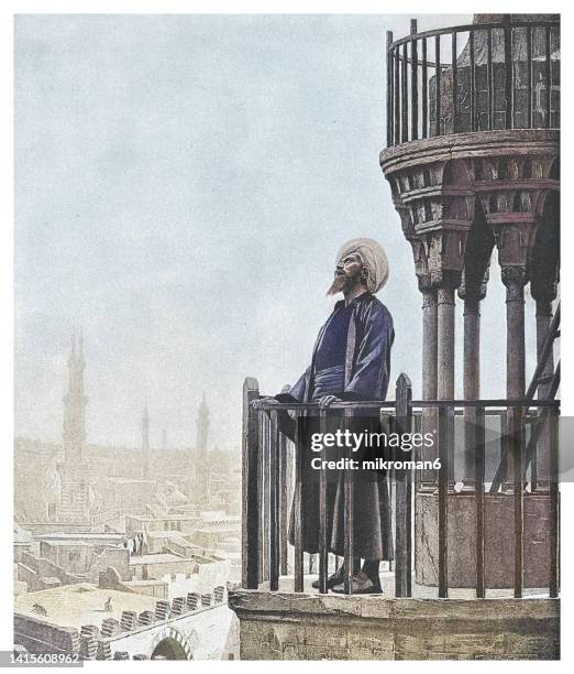 old engraved illustration of muezzin, person who proclaims the call to the daily prayer five times a day - classic day 6 stock pictures, royalty-free photos & images