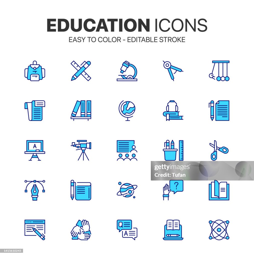 Education icon set. Easy to color higher education icons. Colorful education symbol collection. School university elements