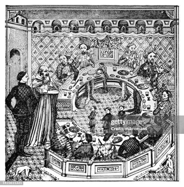 old engraved illustration of king arthur and his round table - arthur stock-fotos und bilder