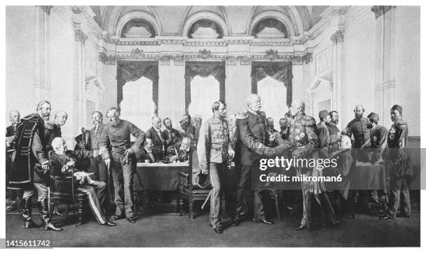 old engraved illustration of the congress of berlin (13 june – 13 july 1878) - military chic stock pictures, royalty-free photos & images