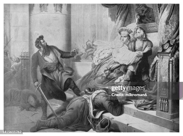 old engraved illustration of the life of peter the great saved at the foot of the altar (saved from assassination by his mother russia) - zar fotografías e imágenes de stock