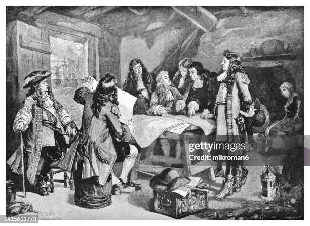 old engraved illustration of a council of war after the landing of the prince of orange, prince willem iii (november 15, 1688) - french royalty stock pictures, royalty-free photos & images