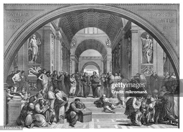 old engraved illustration of the school of athens, plato - greek philosopher born in athens during the classical period in ancient greece - greek culture foto e immagini stock