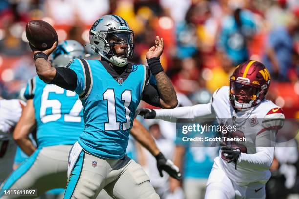 Walker of the Carolina Panthers attempts a pass against the Washington Commanders during the second half of the preseason game at FedExField on...