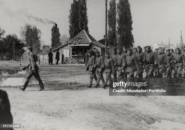 An Hungarian army division marching after the occupation of the city. Novi Sad, April 1941