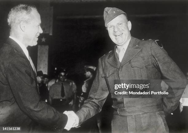The U.S. Secretary of War Robert Patterson greeting General Harris Melasky departing for the Pacific. United States, July 1945