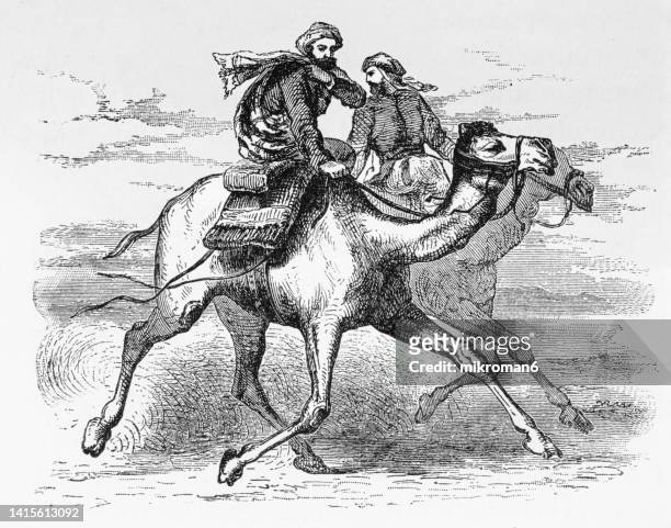 old engraved illustration of muhammad riding camel - muhammad prophet stock-fotos und bilder