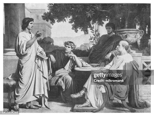 old engraved illustration of virgil, horace and varius at the house of maecenas - classical style stock-fotos und bilder