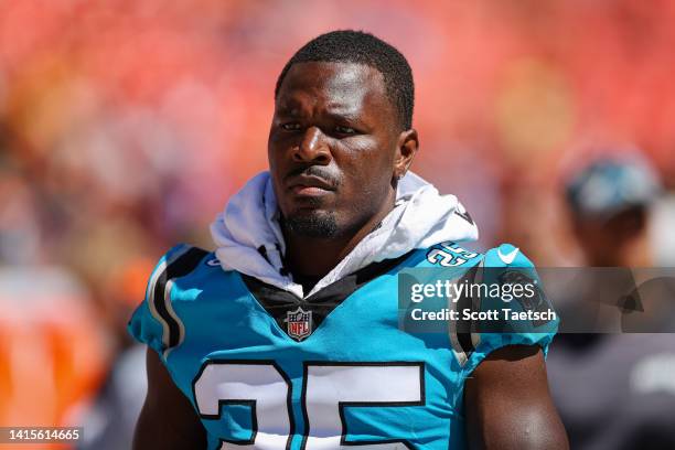 Xavier Woods of the Carolina Panthers looks on against the Washington Commanders during the second half of the preseason game at FedExField on August...