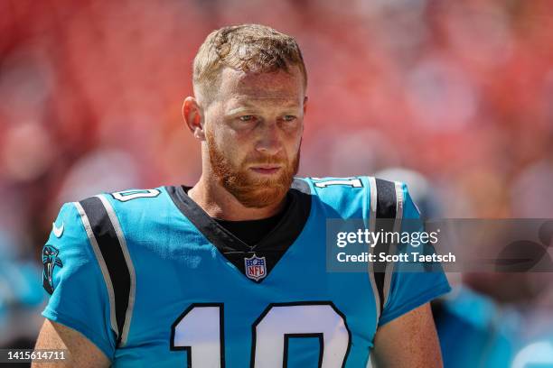 Johnny Hekker of the Carolina Panthers looks on against the Washington Commanders during the second half of the preseason game at FedExField on...