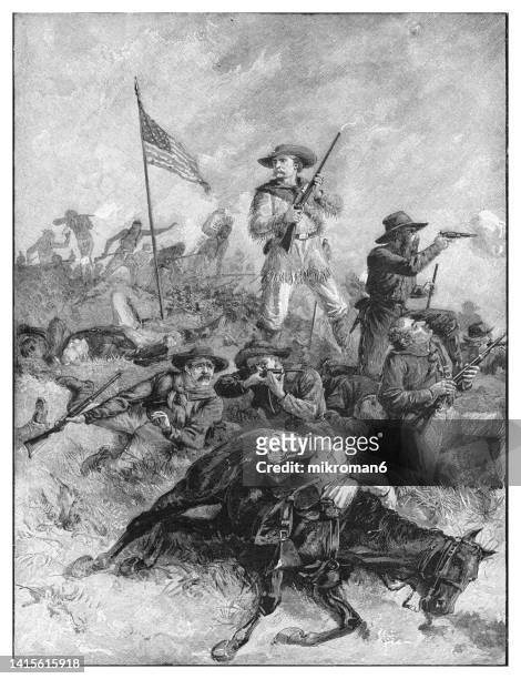 old engraved illustration of george armstrong custer's last fight - american flag art imagens e fotografias de stock