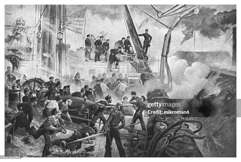 Old engraved illustration of Admiral David Glasgow Farragut at Battle of Mobile Bay