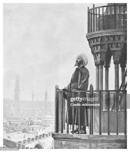 old engraved illustration of muezzin, person who proclaims the call to the daily prayer five times a day - osmanisches reich stock-fotos und bilder