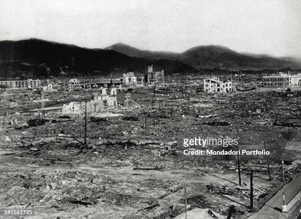 Partial aerial view of Hiroshima ruins a few days after the atomic bombing. August 1945.