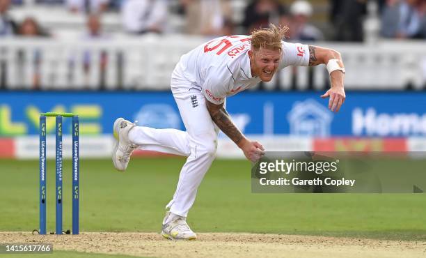 England captain Ben Stokes bowls during day two of the First LV= Insurance Test Match between England and South Africa at Lord's Cricket Ground on...