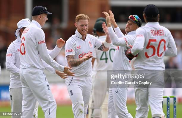 England captain Ben Stokes celebrates dismissing Sarel Erwee of South Africa during day two of the First LV= Insurance Test Match between England and...