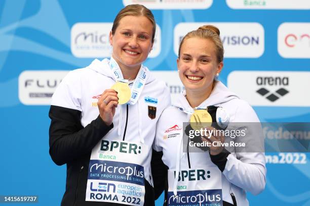 Lena Hentschel and Tina Punzel of Germany pose with their Gold medals after winning the Women's Synchronised 3m Springboard Final on Day 8 of the...