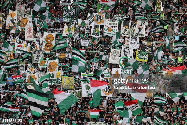Fans of Ferencvaros show their support prior to the UEFA Europa League Play Off First Leg match between Ferencvaros and Shamrock Rovers at Groupama...