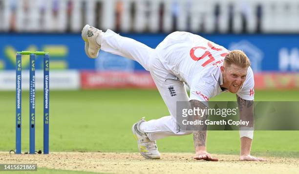 England captain Ben Stokes falls over after bowling during day two of the First LV= Insurance Test Match between England and South Africa at Lord's...