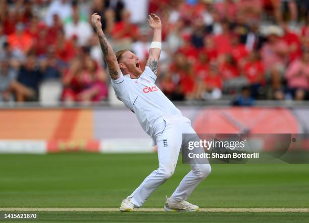 England captain Ben Stokes celebrates trapping Rassie van der Dussen of South Africa LBW during day two of the First LV= Insurance Test Match between...