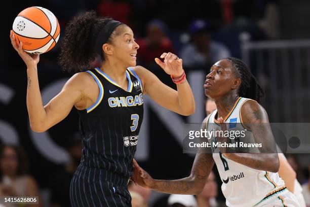 Candace Parker of the Chicago Sky is defended by Natasha Howard of the New York Liberty in Game One of the First Round of the 2022 WNBA Playoffs at...
