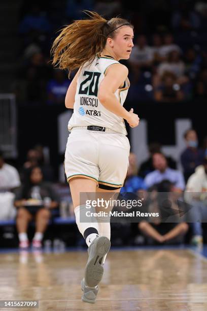 Sabrina Ionescu of the New York Liberty reacts against the Chicago Sky in Game One of the First Round of the 2022 WNBA Playoffs at Wintrust Arena on...