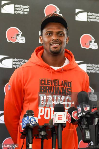Deshaun Watson of the Cleveland Browns speaks during a press conference prior to a joint practice with the Philadelphia Eagles at CrossCountry...