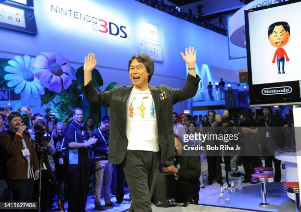 Famed video game designer Shigeru Miyamoto waves to crowd at the Wii U Software Showcase, June 11, 2013 in Los Angeles California.