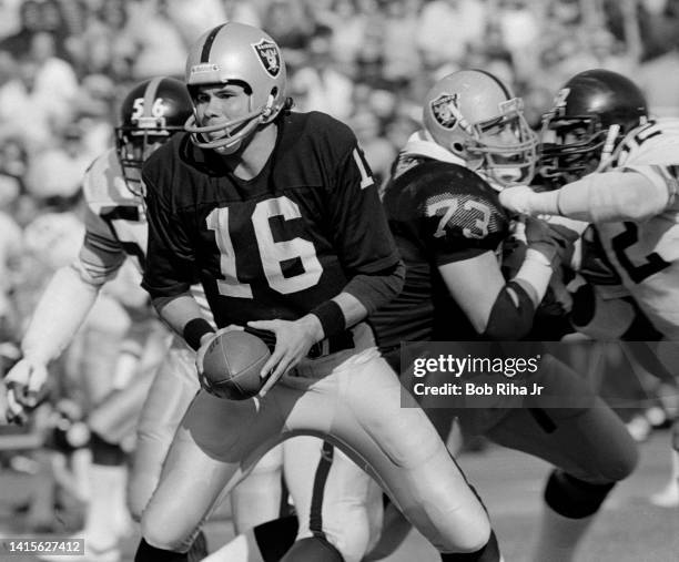 Raiders QB Jim Plunkett during game action against Pittsburgh Steelers in playoff game, January 1, 1984 in Los Angeles, California.