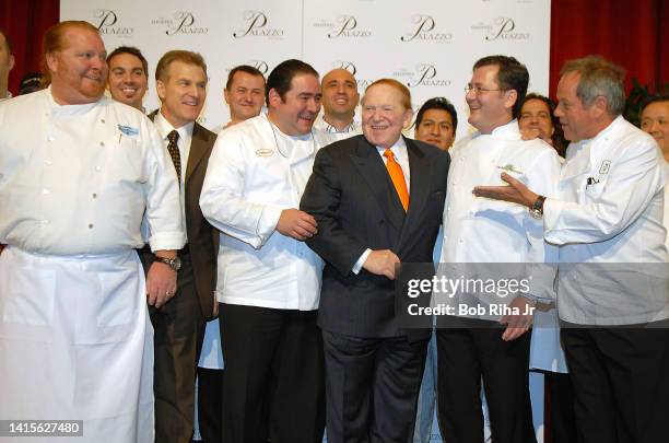 Sheldon Adelson, chairman and ceo Las Vegas Sands Corp. Is joined on stage with : chef Mario Batali, Rob Goldstein, president of The Palazzo Las...