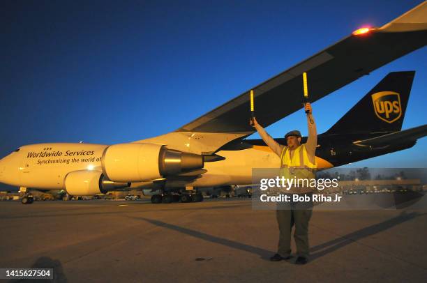 Boeing 747-400 aircraft taxis into position at the UPS West coast hub at Ontario International Airport, May 4, 2008 in Ontario, California