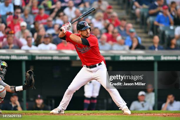Luke Maile of the Cleveland Guardians at bat during the second inning against the Detroit Tigers at Progressive Field on August 17, 2022 in...